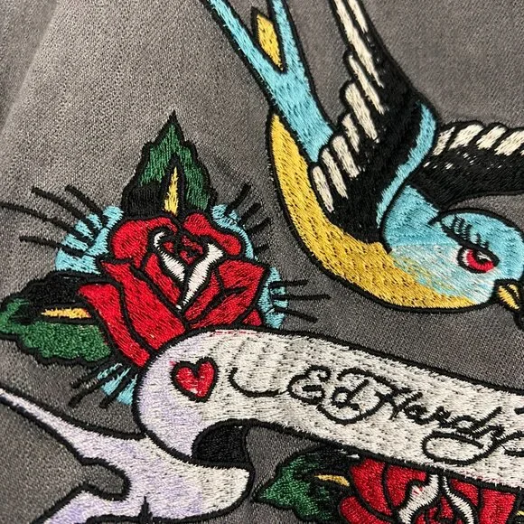 NEW Ed Hardy Tattoo Embroidered Wide Leg Gray Jeans Sz 26